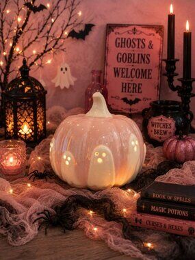New Ceramic Opal Light Up Pink & White Pumpkin W/ Ghosts Halloween Holiday Decor